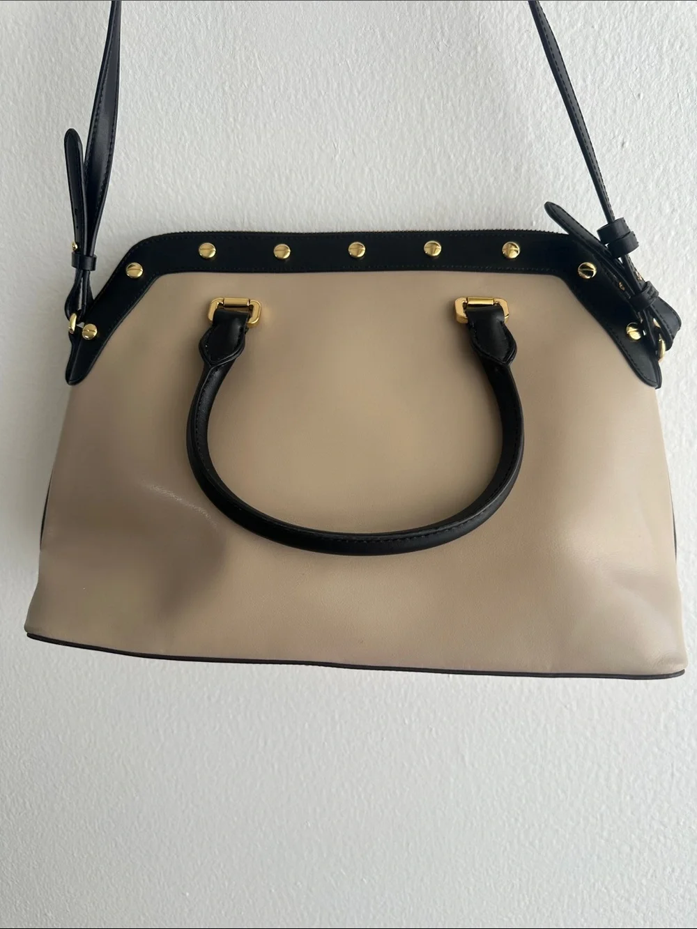 Ralph Lauren Beige and Black Leather Satchel with Gold Hardware